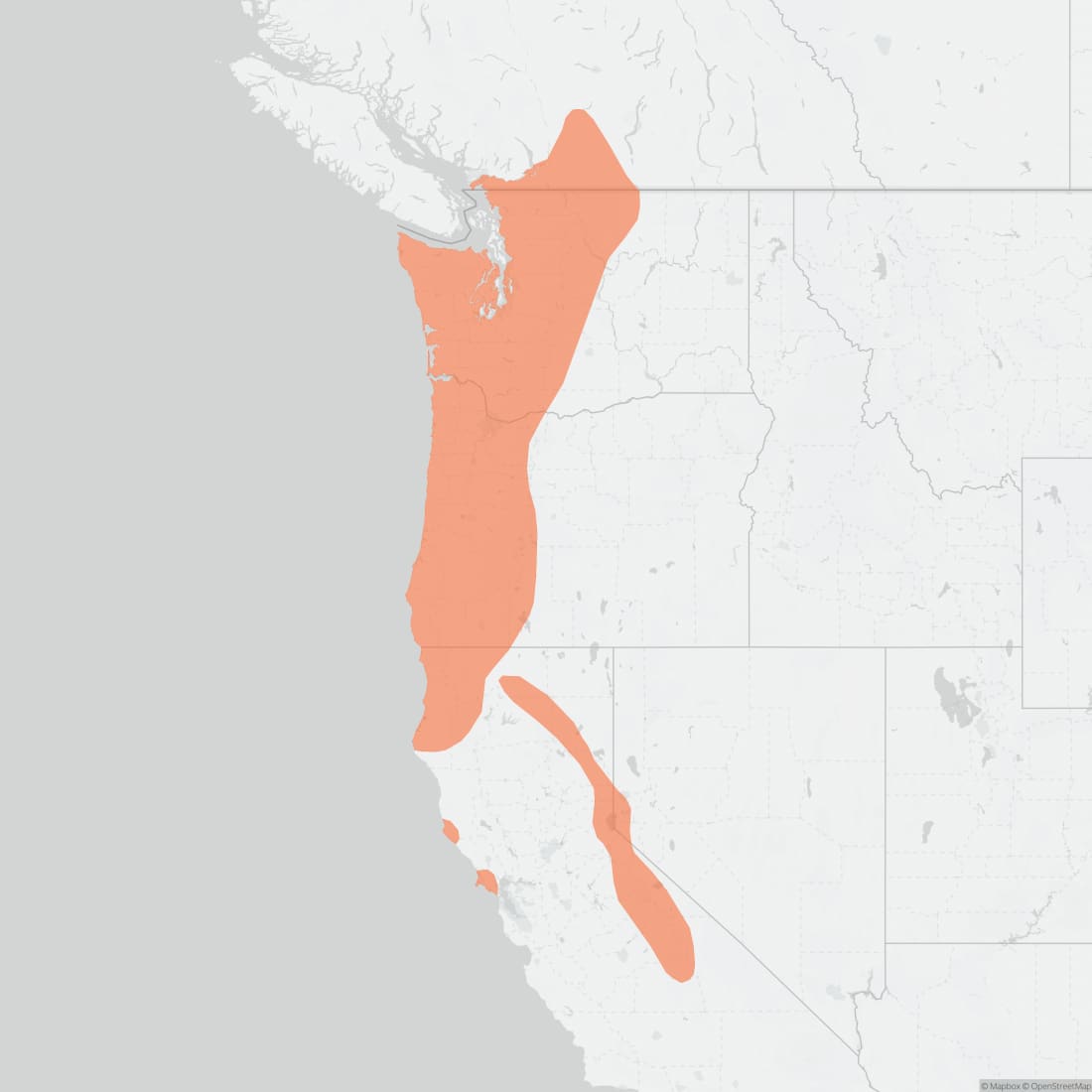 Range map for Mountain Beaver