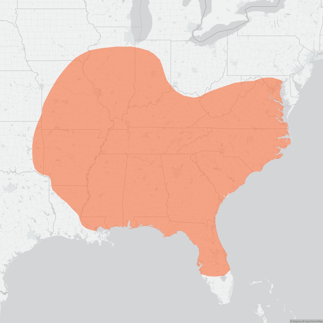 Range map for Southeastern Shrew