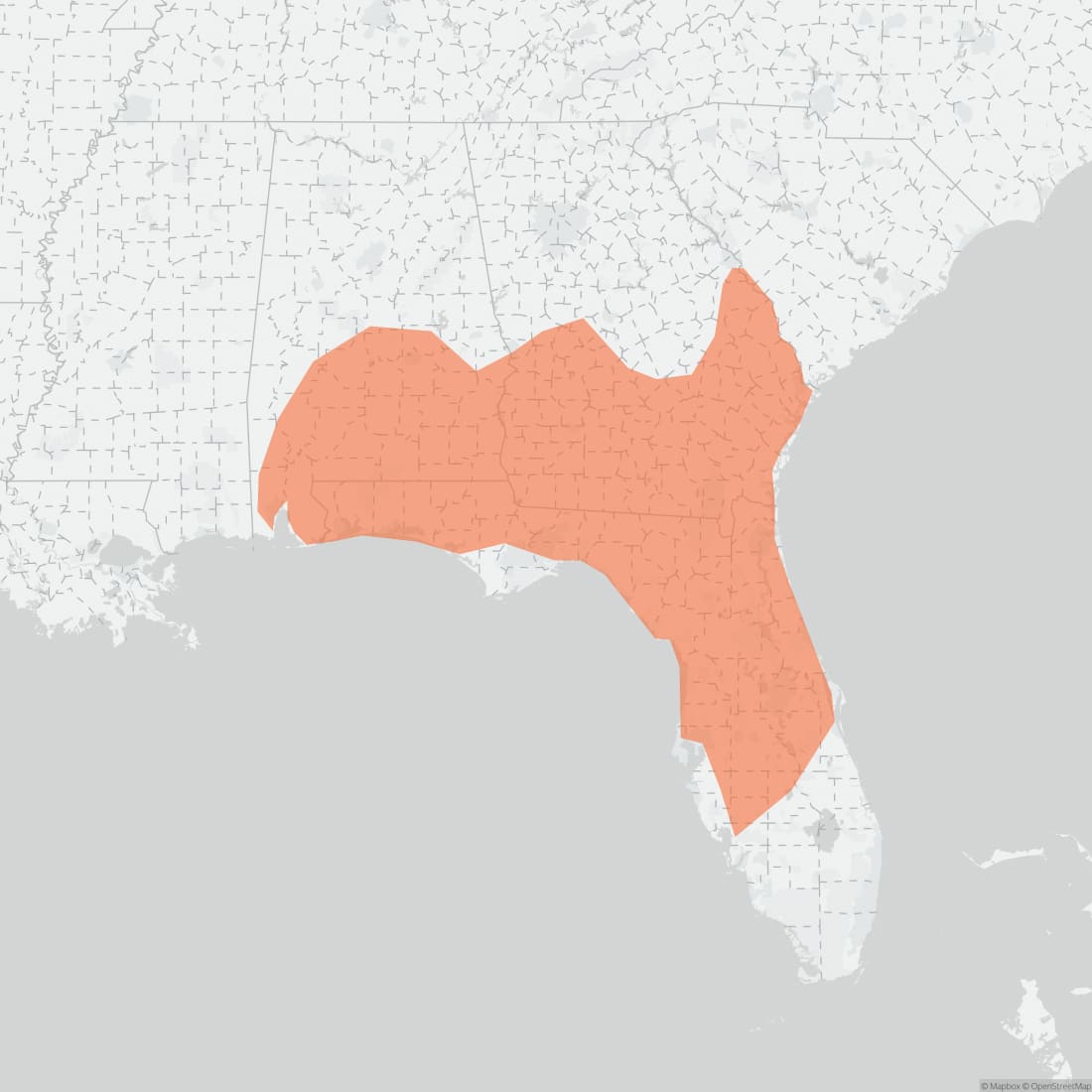 Range map for Southeastern Pocket Gopher