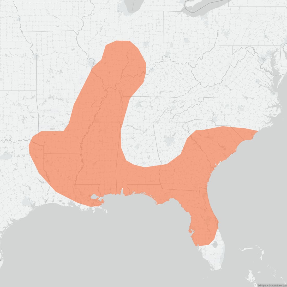 Range map for Southeastern Myotis