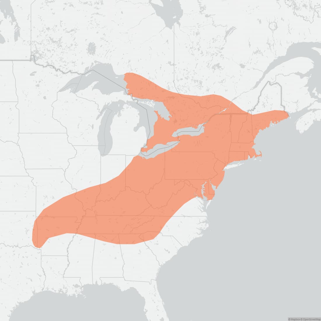 Range map for Eastern Small-footed Myotis