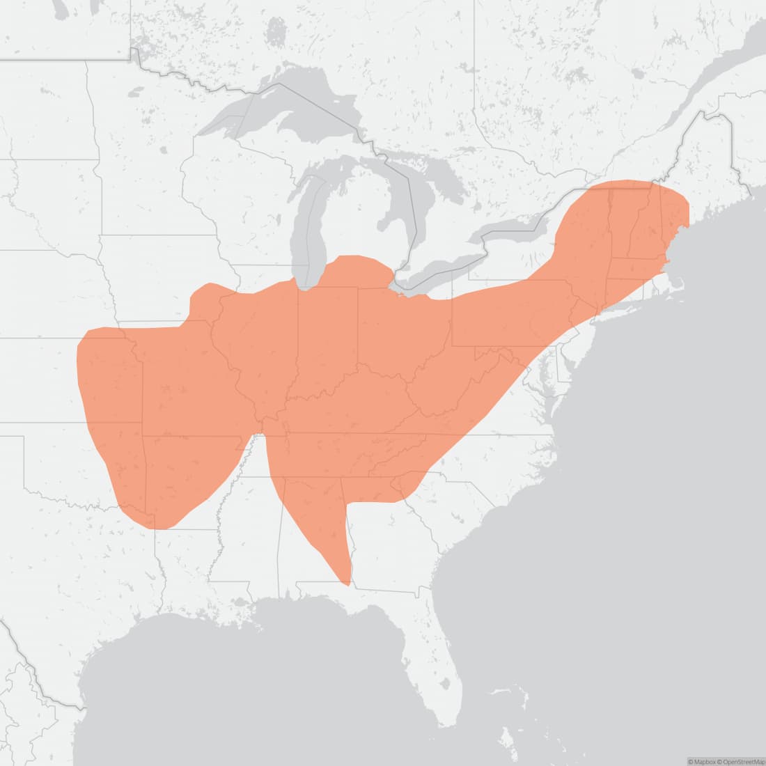 Range map for Indiana Bat