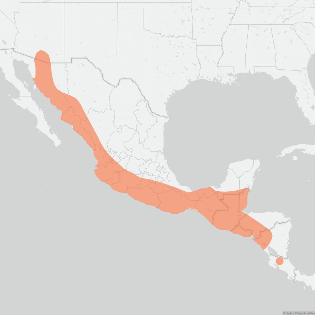 Range map for Underwood's Bonneted Bat