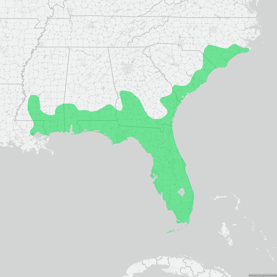Range map for Eastern Diamondback Rattlesnake
