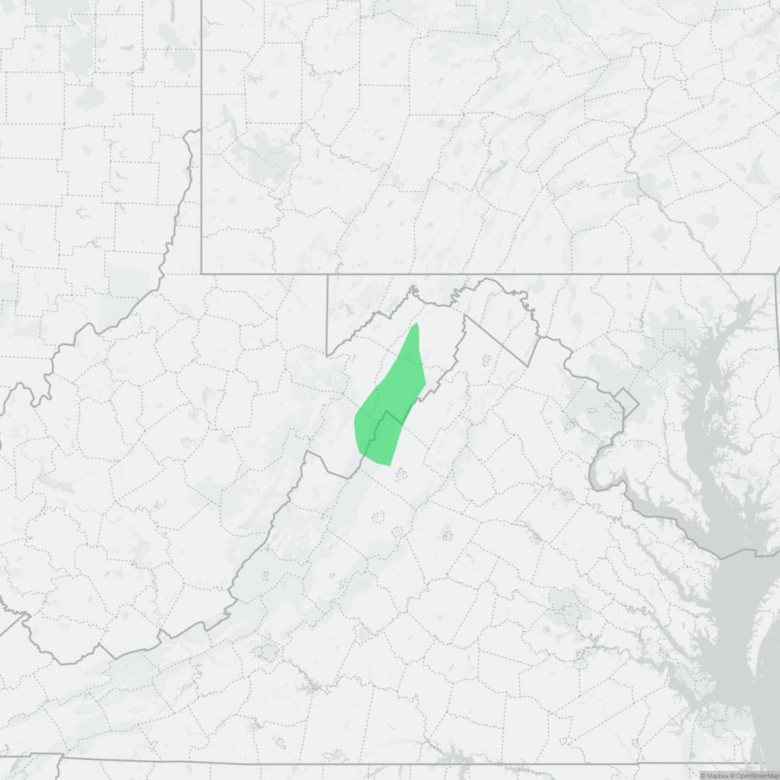 Range map for Shenandoah Mountain Salamander