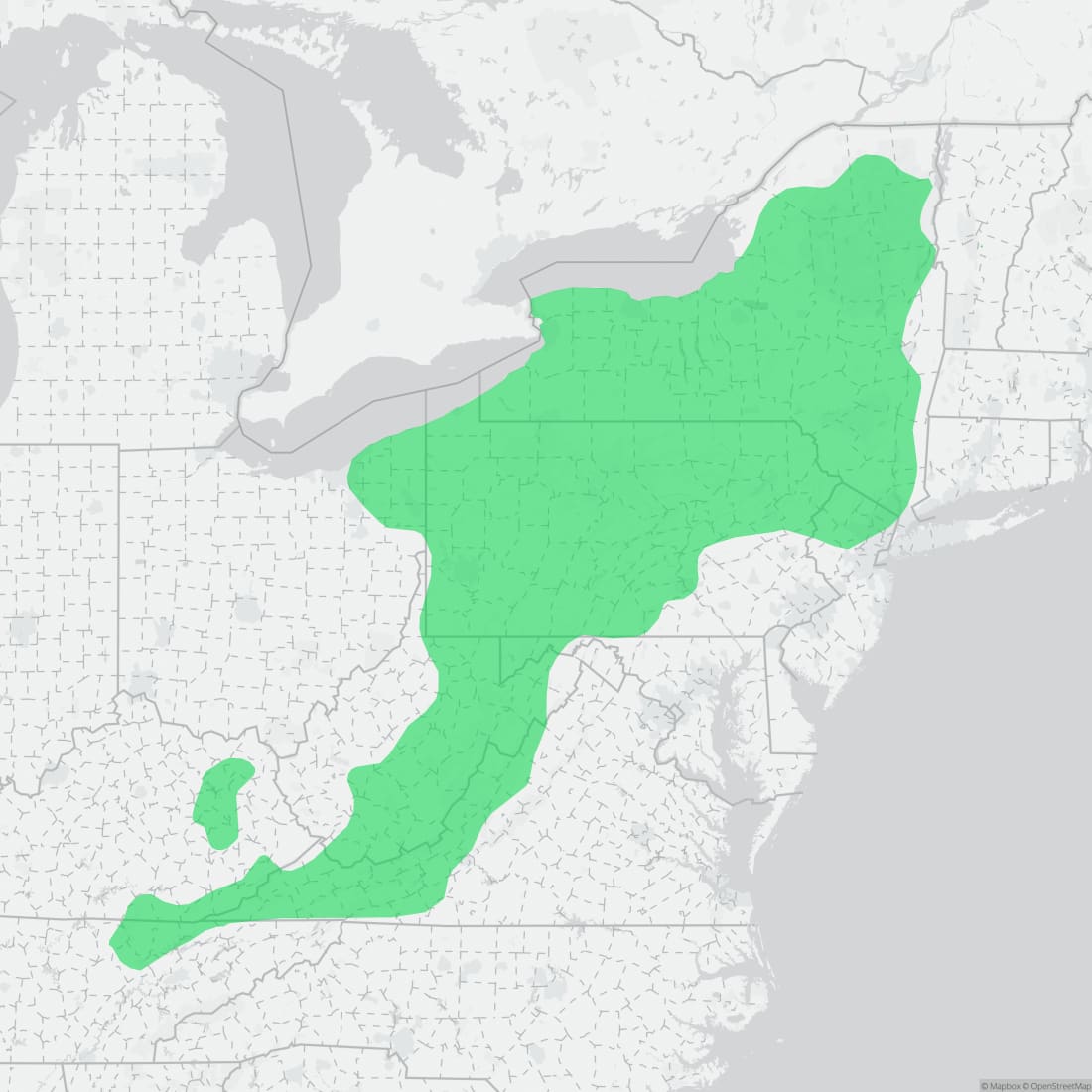 Range map for Allegheny Mountain Dusky Salamander